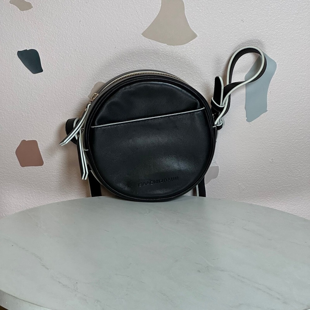ISAAC MIZRAHI Black White Canteen Round‎ Leather Crossbody Purse